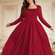 Womens Solid-color Vintage Square-neck Elegant Dress