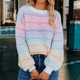 Loose-fitting Rainbow-striped Crew-neck Long-sleeve Pullover Knit