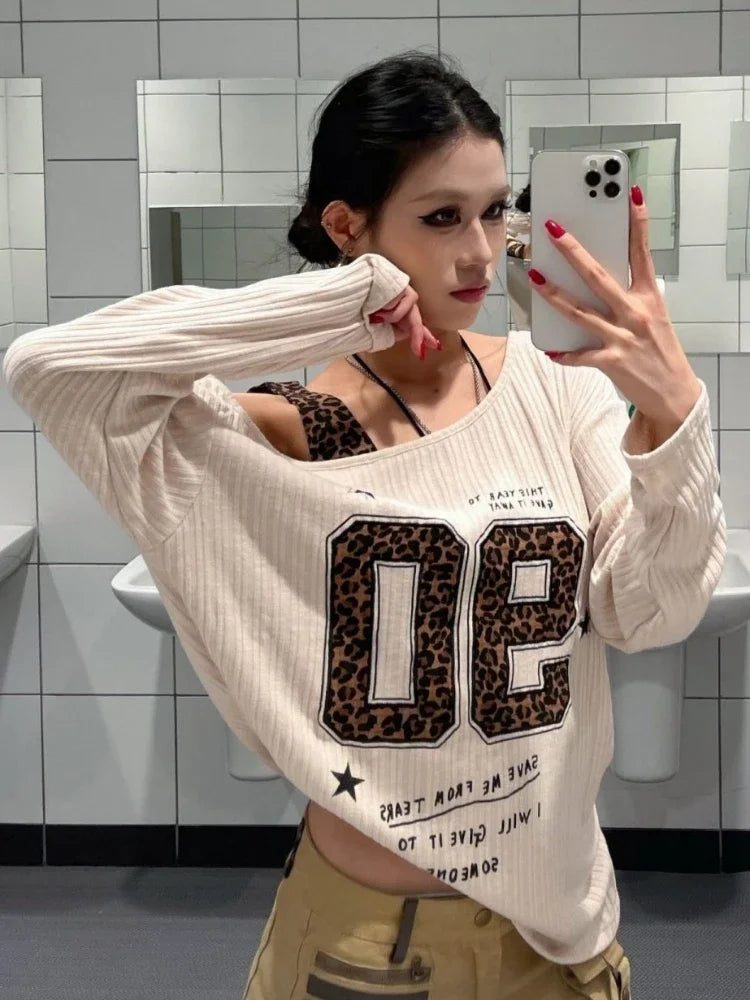 Y2K Patchwork Leopard Print T-Shirt Women Loose Streetwear Tee Grunge Casual Top