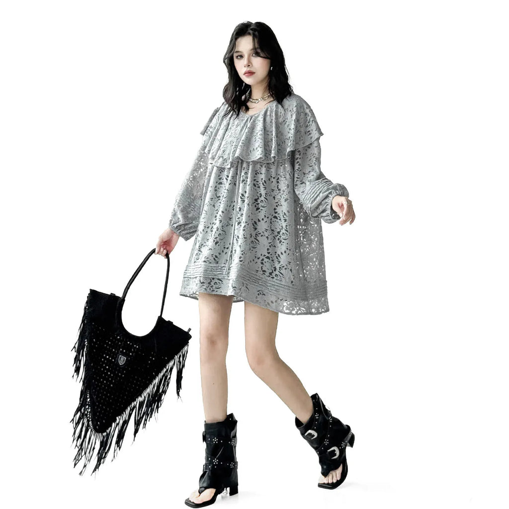 SuperAen French Style Romantic Peter Pan Collar Jacquard Lace Tops Women 2026 Summer New Design Long Sleeves Sun Protection Tops