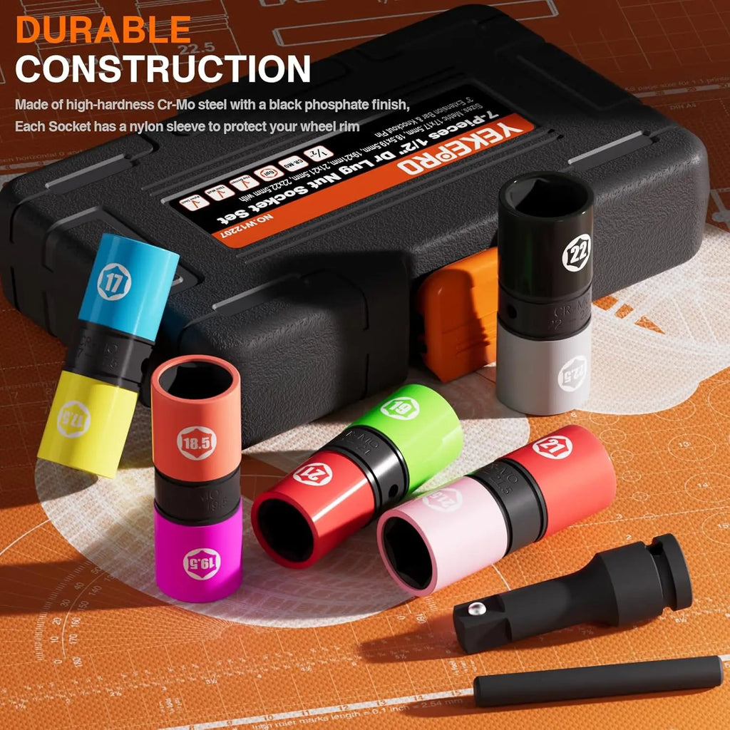 1/2-Inch Drive 7pc Half Size Lug Nut Flip Socket Set, Wheel Protector Impact Deep Socket, Non-Marring Thin Wall CR-MO Steel