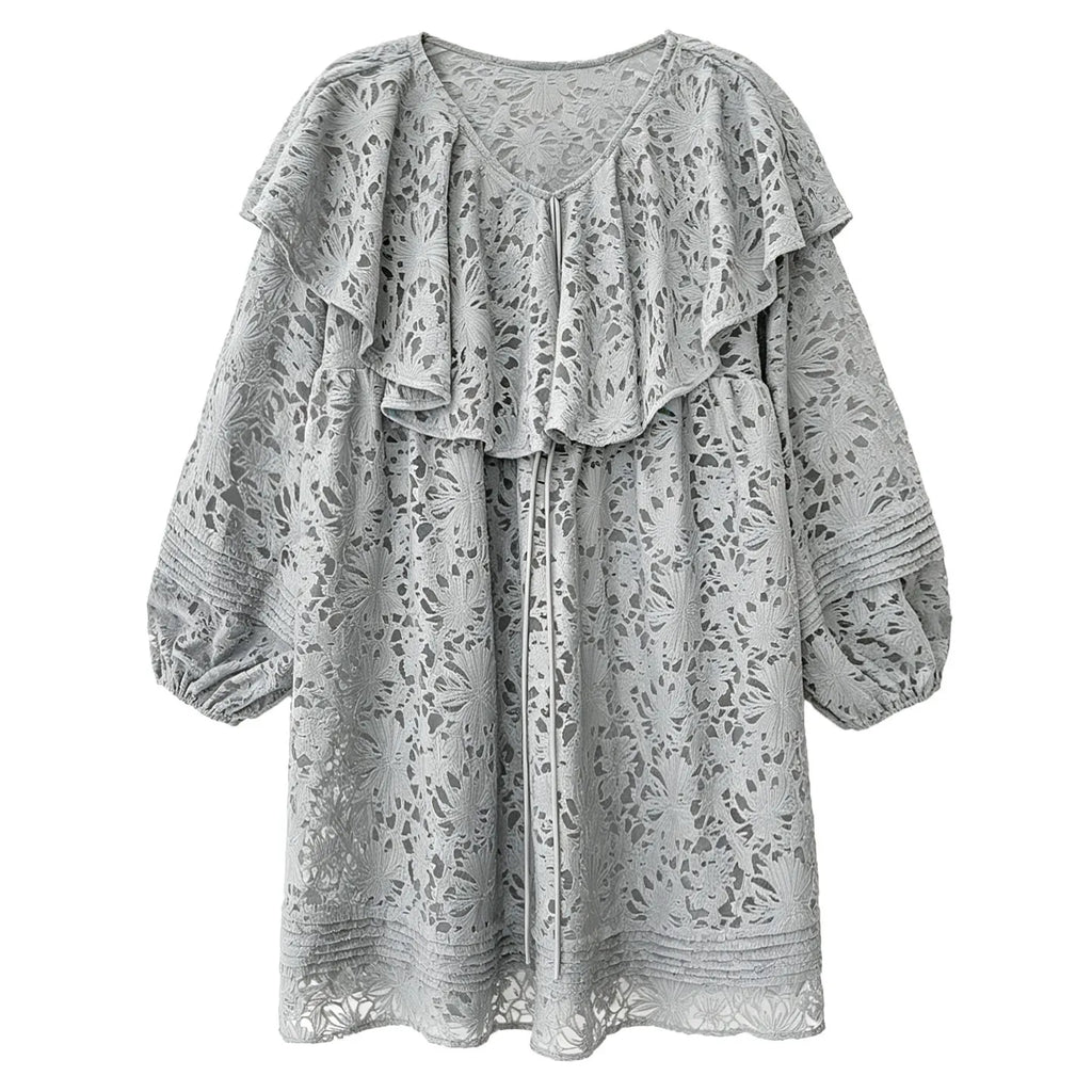 SuperAen French Style Romantic Peter Pan Collar Jacquard Lace Tops Women 2026 Summer New Design Long Sleeves Sun Protection Tops