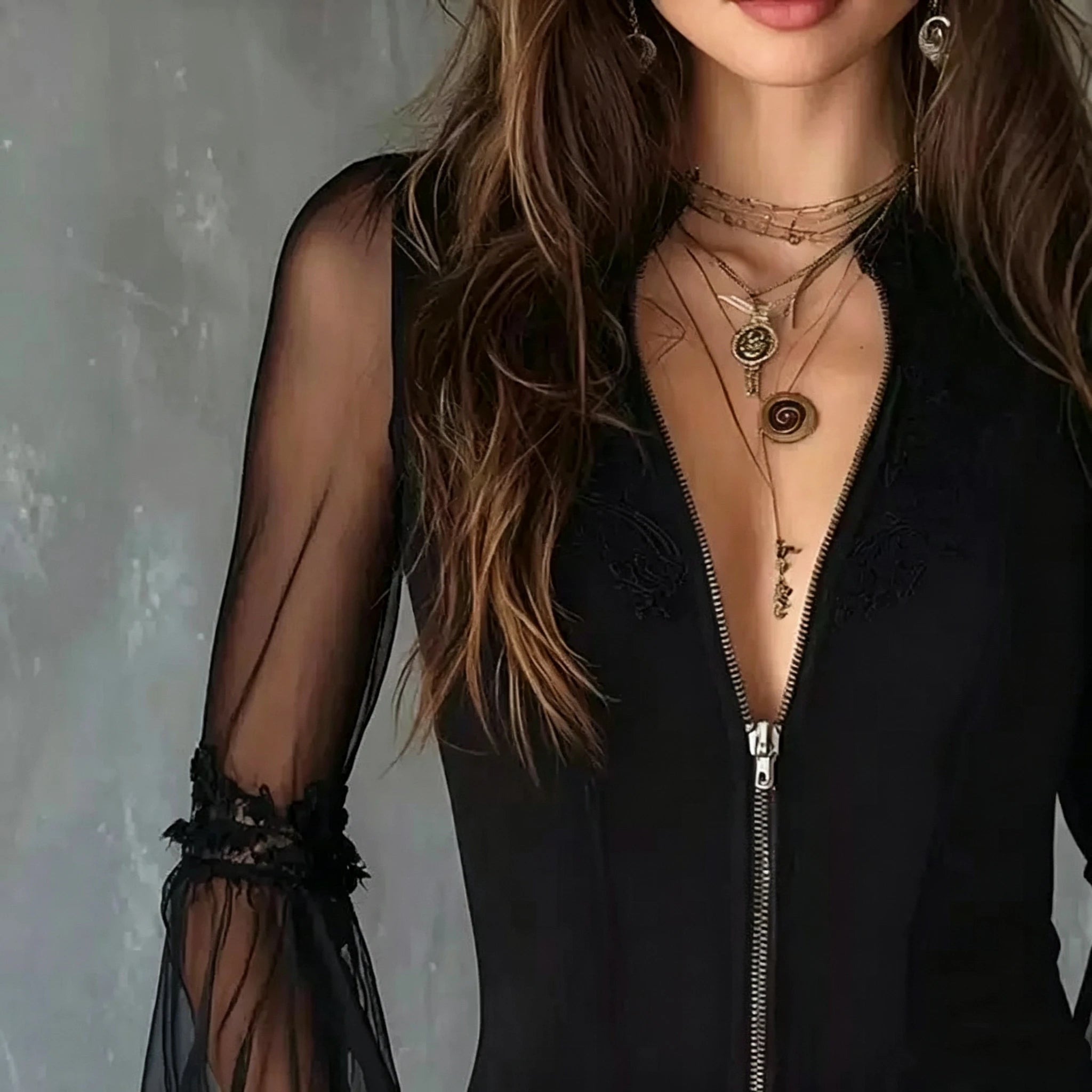 Ladies Black round Neck Long Sleeve See-through Vintage Zipper Lace Shirt Translucent Gauze Top for Women