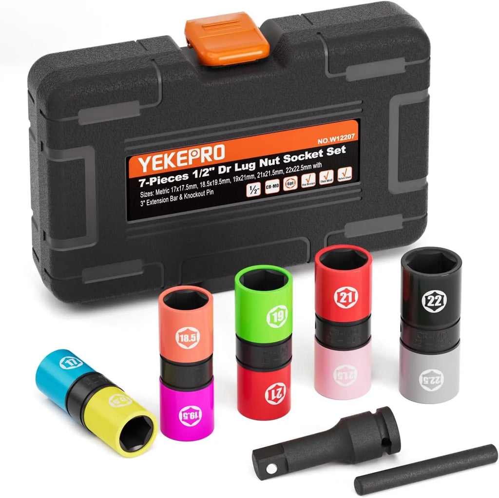 1/2-Inch Drive 7pc Half Size Lug Nut Flip Socket Set, Wheel Protector Impact Deep Socket, Non-Marring Thin Wall CR-MO Steel