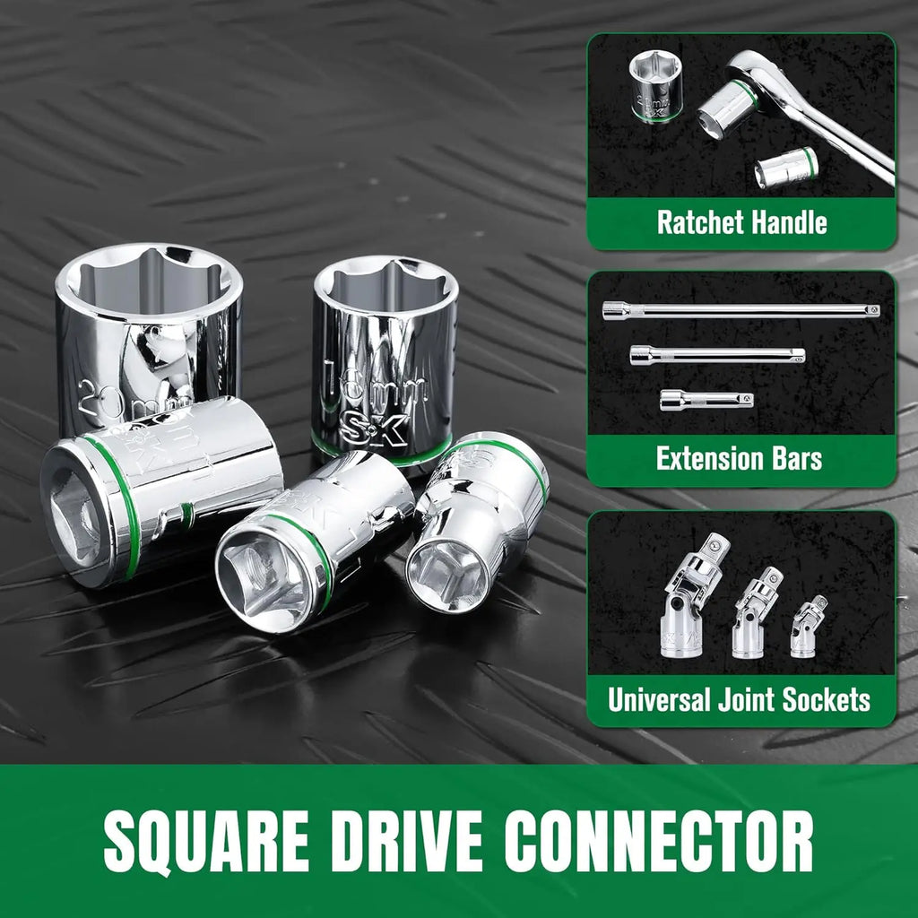 13-Piece 3/8" Drive Metric Socket Set, 8-20mm, Chrome Vanadium Steel, SuperKrome Finish, with Aluminum Organizer