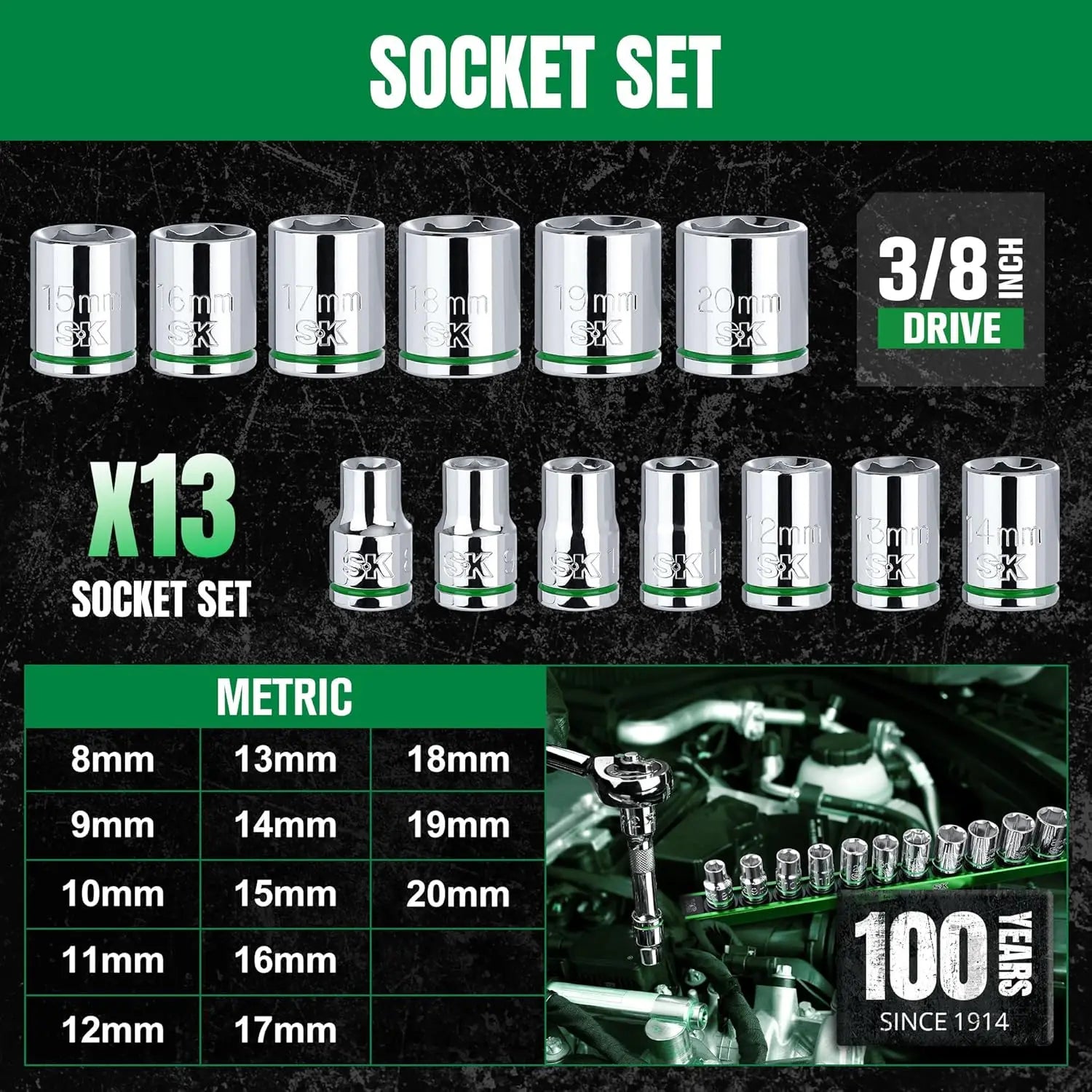13-Piece 3/8" Drive Metric Socket Set, 8-20mm, Chrome Vanadium Steel, SuperKrome Finish, with Aluminum Organizer