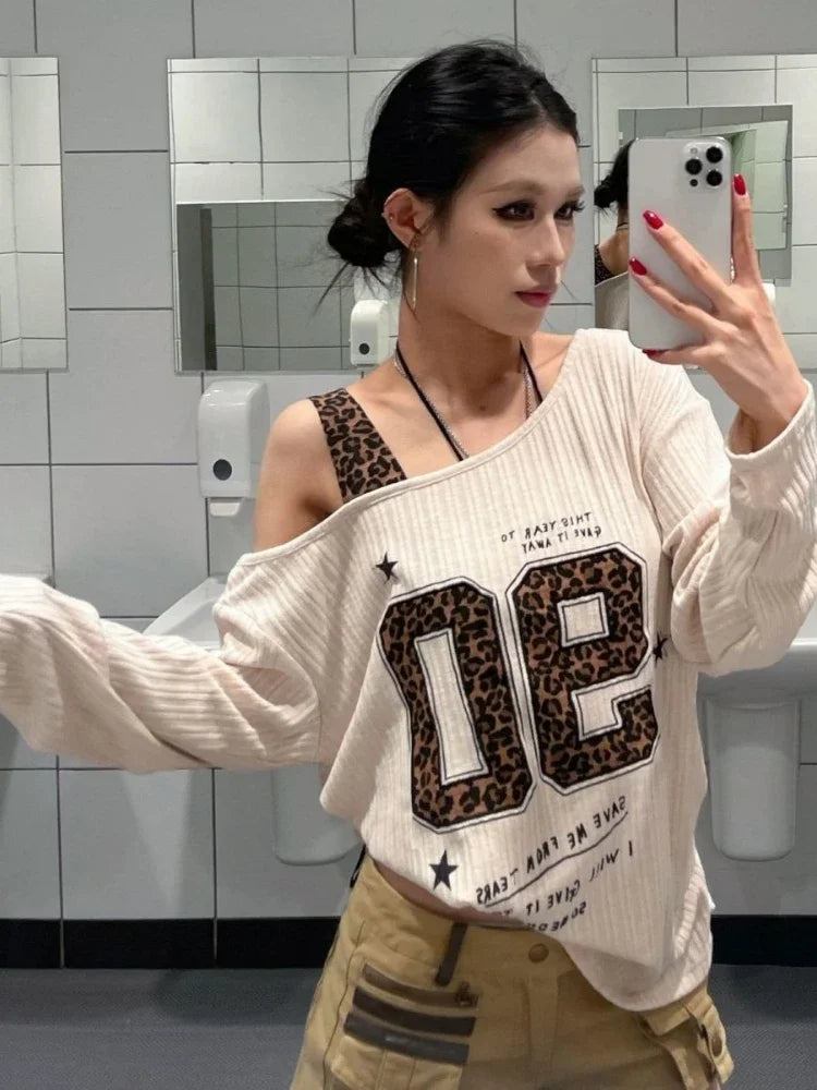 Y2K Patchwork Leopard Print T-Shirt Women Loose Streetwear Tee Grunge Casual Top