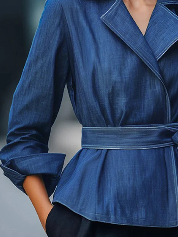 Herbst Frühling 2026 Mode Denim Jeansjacke Damen Langarm Vintage Blau Herbst Freizeit Oberbekleidung mit Gürtel für Frauen