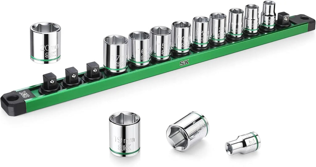 13-Piece 3/8" Drive Metric Socket Set, 8-20mm, Chrome Vanadium Steel, SuperKrome Finish, with Aluminum Organizer