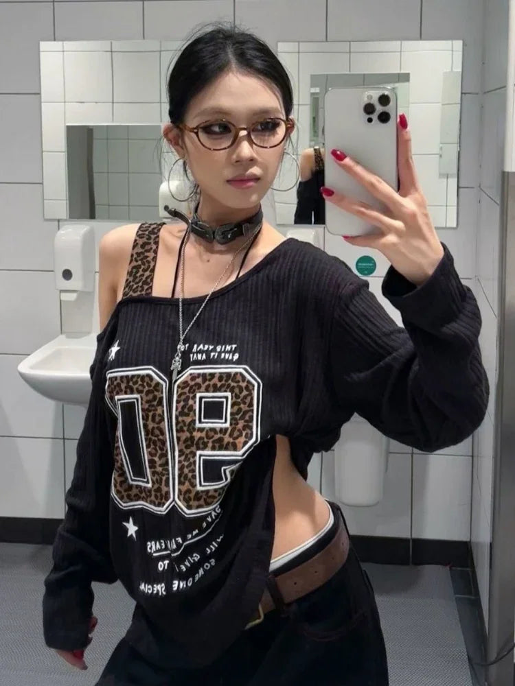 Y2K Patchwork Leopard Print T-Shirt Women Loose Streetwear Tee Grunge Casual Top