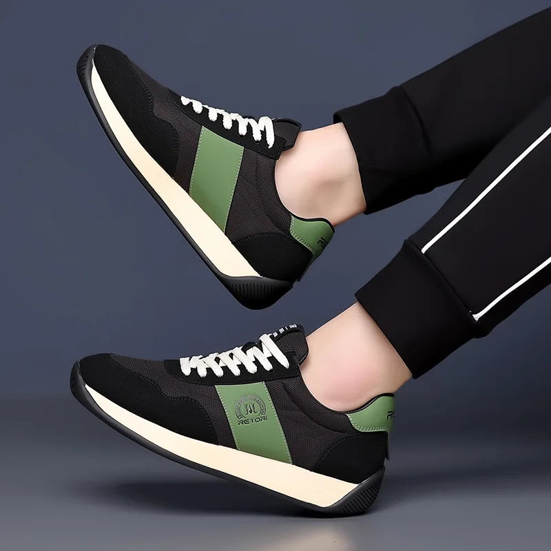 Designer Vintage Contrast Stripe Men Retro Sneakers Soft Suede Patchwork Thick Sole Streetwear Casual Trainers