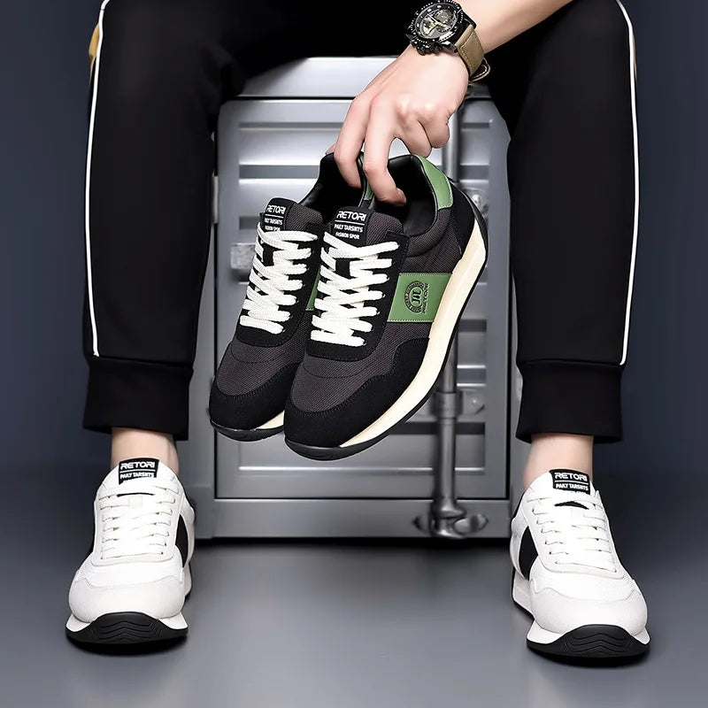 Designer Vintage Contrast Stripe Men Retro Sneakers Soft Suede Patchwork Thick Sole Streetwear Casual Trainers