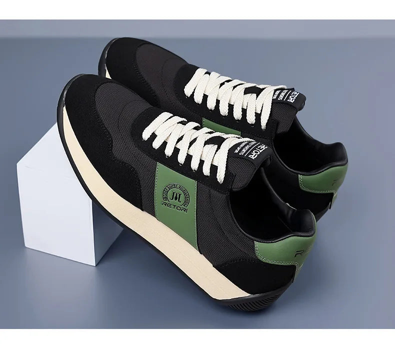 Designer Vintage Contrast Stripe Men Retro Sneakers Soft Suede Patchwork Thick Sole Streetwear Casual Trainers
