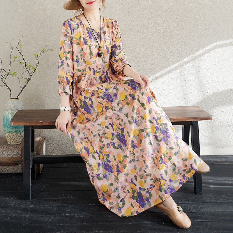 2025 Early Spring New Holiday Style Travel Long Dress Women's Round Neck Long Sleeve Retro Mask Printed Cotton and Linen dress