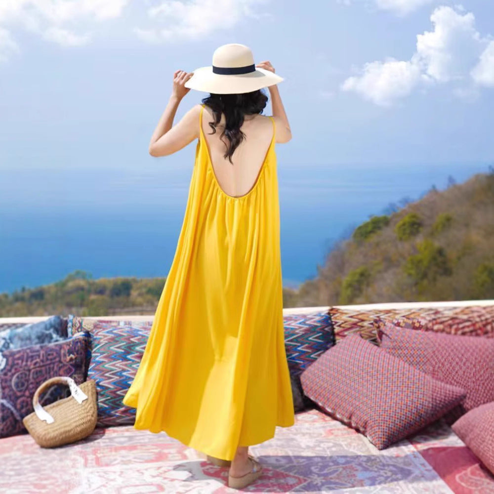 Hainan Sanya Photo Beach Dress Women's Summer Super Fairy Backless Long Dress Seaside Holiday Yellow dress