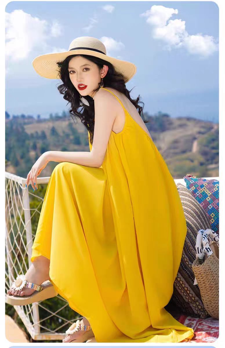 Hainan Sanya Photo Beach Dress Women's Summer Super Fairy Backless Long Dress Seaside Holiday Yellow dress