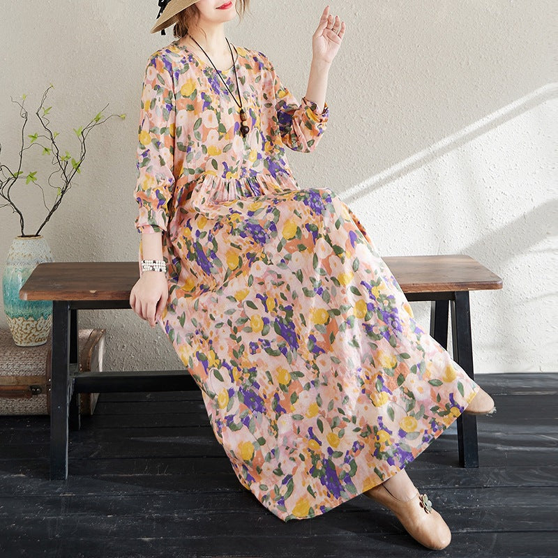 2025 Early Spring New Holiday Style Travel Long Dress Women's Round Neck Long Sleeve Retro Mask Printed Cotton and Linen dress