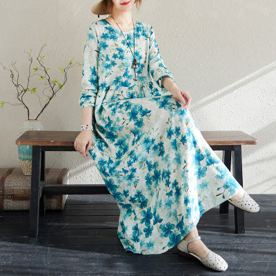2025 Early Spring New Holiday Style Travel Long Dress Women's Round Neck Long Sleeve Retro Mask Printed Cotton and Linen dress