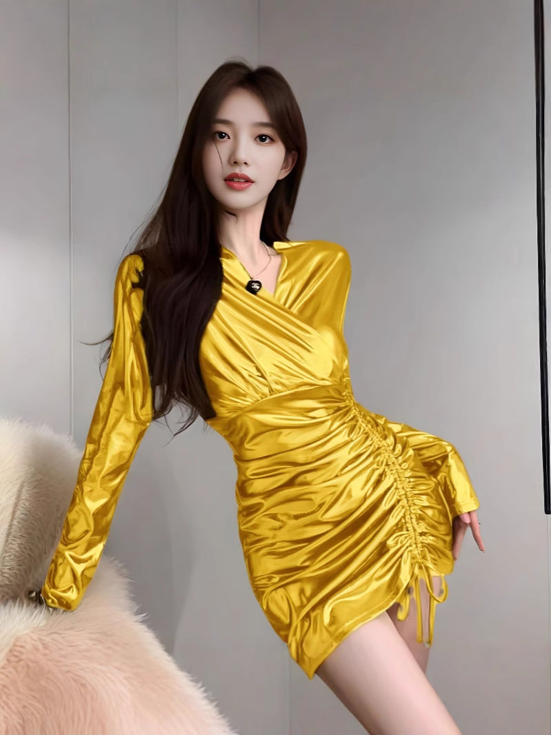 Temperament pure hot girl design gilding design new sexy V-neck irregular drawstring dress 807