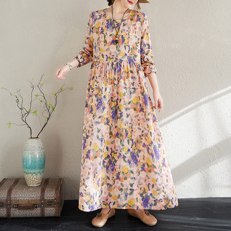 2025 Early Spring New Holiday Style Travel Long Dress Women's Round Neck Long Sleeve Retro Mask Printed Cotton and Linen dress