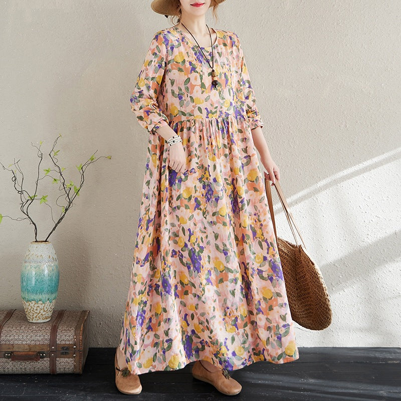 2025 Early Spring New Holiday Style Travel Long Dress Women's Round Neck Long Sleeve Retro Mask Printed Cotton and Linen dress