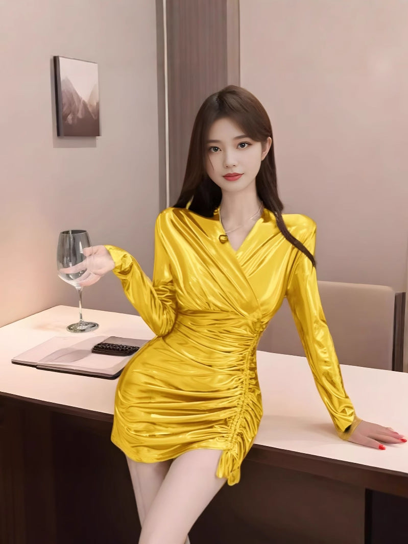 Temperament pure hot girl design gilding design new sexy V-neck irregular drawstring dress 807