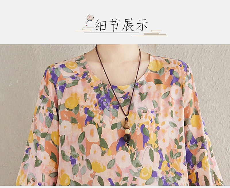 2025 Early Spring New Holiday Style Travel Long Dress Women's Round Neck Long Sleeve Retro Mask Printed Cotton and Linen dress