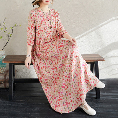 2025 Early Spring New Holiday Style Travel Long Dress Women's Round Neck Long Sleeve Retro Mask Printed Cotton and Linen dress