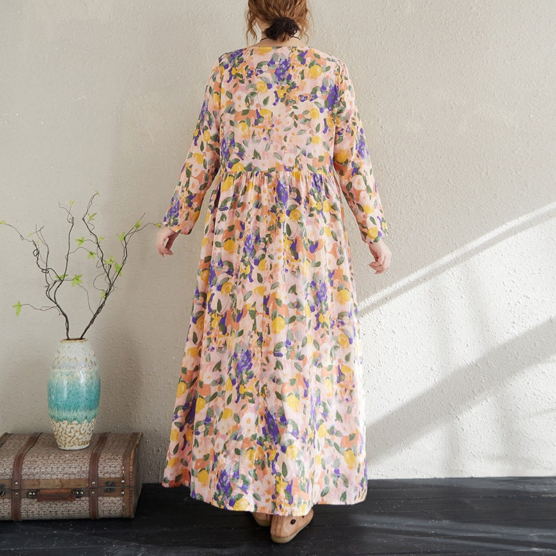 2025 Early Spring New Holiday Style Travel Long Dress Women's Round Neck Long Sleeve Retro Mask Printed Cotton and Linen dress