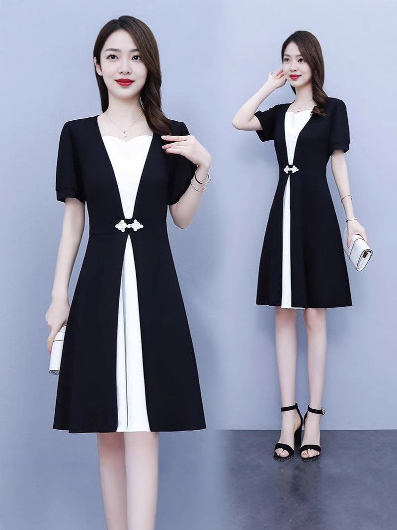 Fashion high-end summer chubby girl temperament stitching dress plus size women's belly-covering slimming temperament skirt