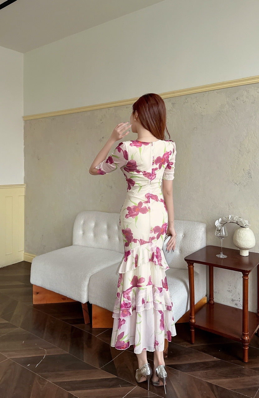 2456 Summer Southeast Asia Cross-Border Foreign Trade Japanese and Korean Style Sexy Women's V-Neck Short-Sleeve Mesh Printed Slimming Long Dress