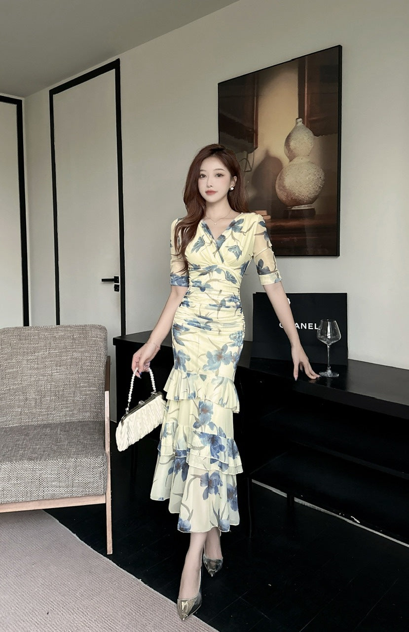2456 Summer Southeast Asia Cross-Border Foreign Trade Japanese and Korean Style Sexy Women's V-Neck Short-Sleeve Mesh Printed Slimming Long Dress