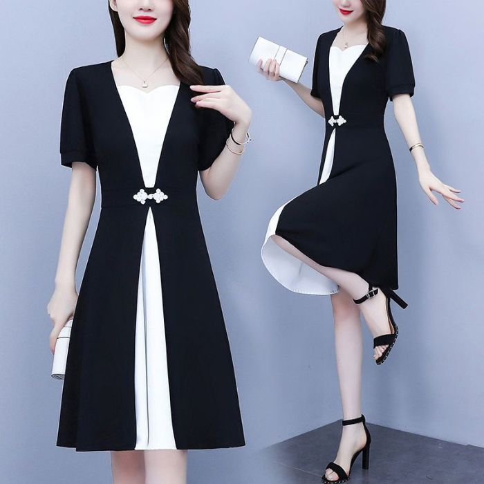 Fashion high-end summer chubby girl temperament stitching dress plus size women's belly-covering slimming temperament skirt