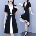 Fashion high-end summer chubby girl temperament stitching dress plus size women's belly-covering slimming temperament skirt