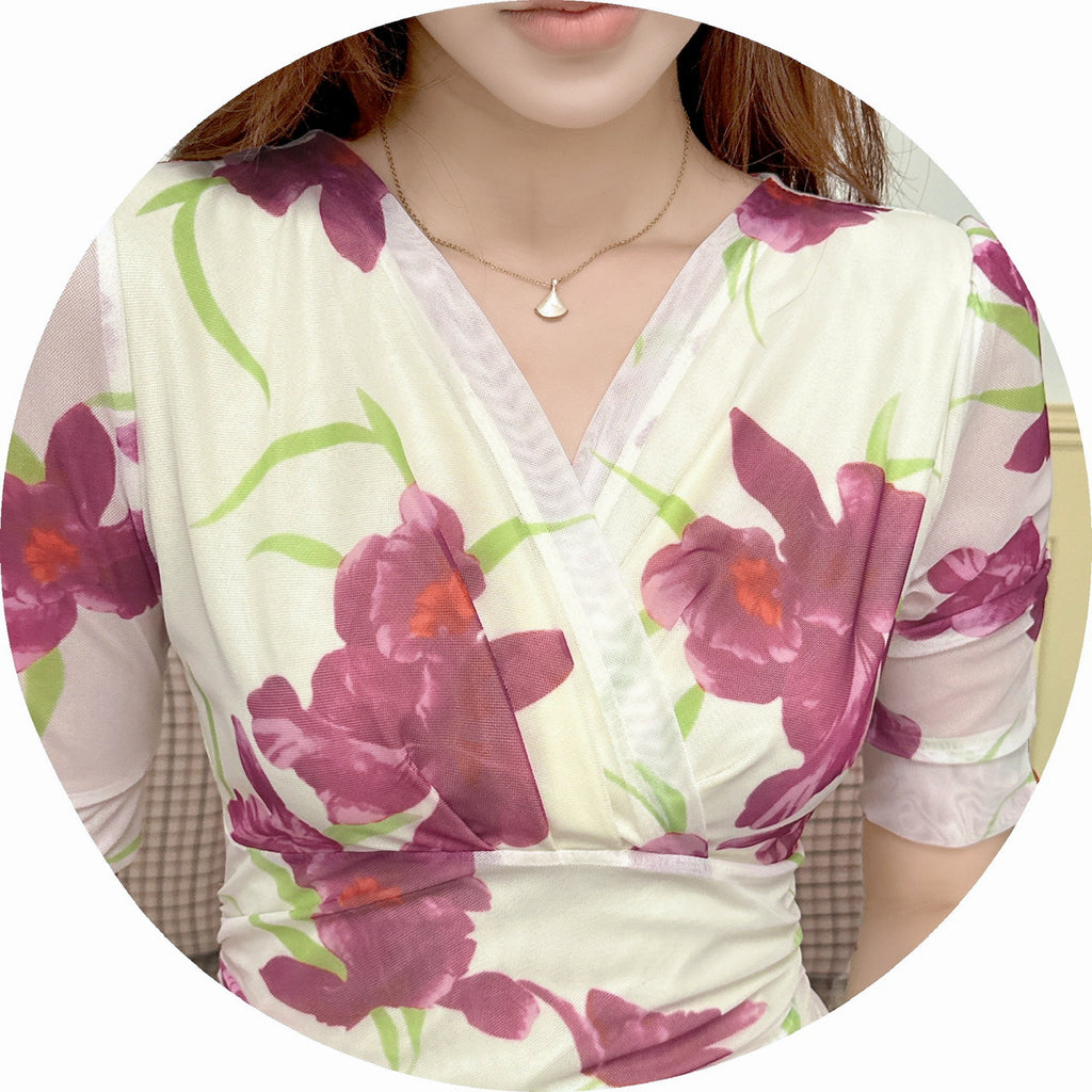 2456 Summer Southeast Asia Cross-Border Foreign Trade Japanese and Korean Style Sexy Women's V-Neck Short-Sleeve Mesh Printed Slimming Long Dress