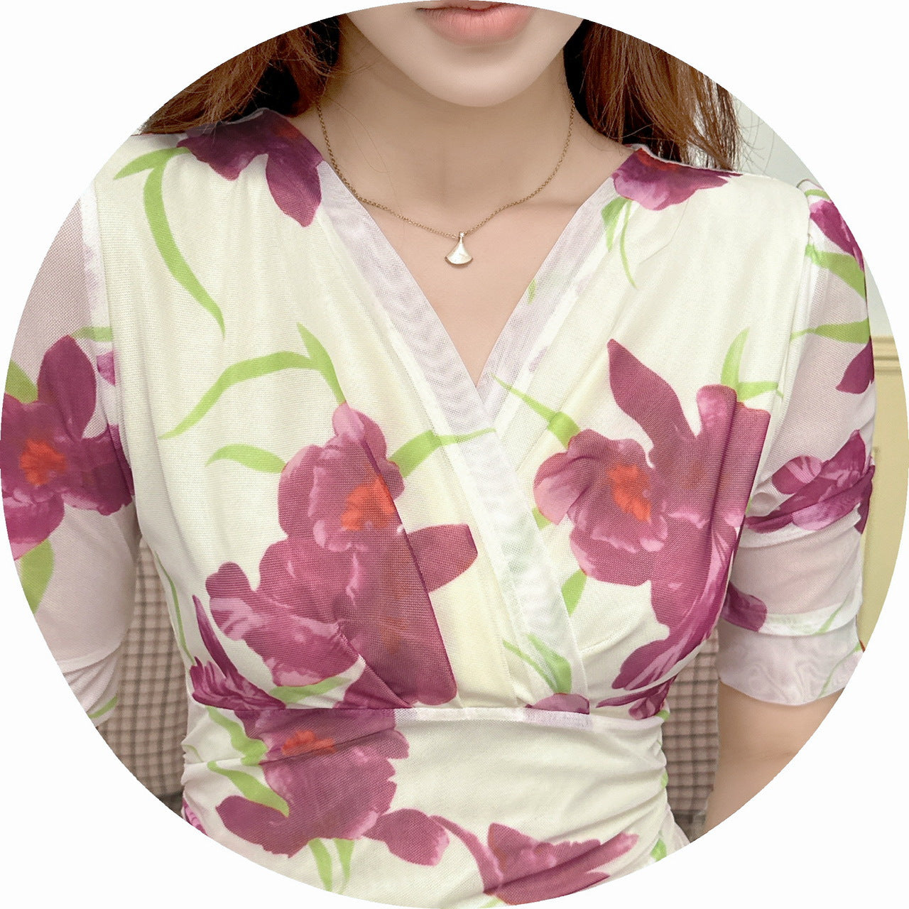 2456 Summer Southeast Asia Cross-Border Foreign Trade Japanese and Korean Style Sexy Women's V-Neck Short-Sleeve Mesh Printed Slimming Long Dress