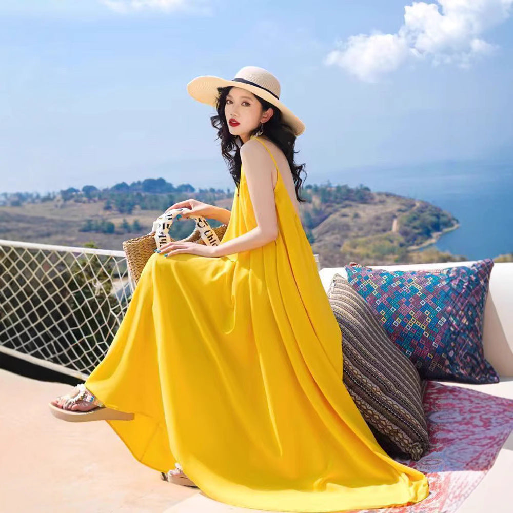 Hainan Sanya Photo Beach Dress Women's Summer Super Fairy Backless Long Dress Seaside Holiday Yellow dress