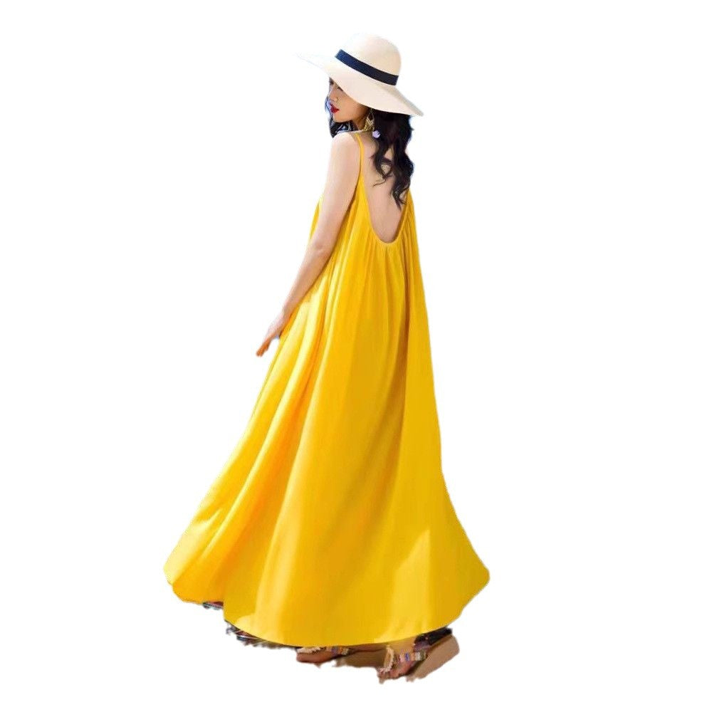 Hainan Sanya Photo Beach Dress Women's Summer Super Fairy Backless Long Dress Seaside Holiday Yellow dress