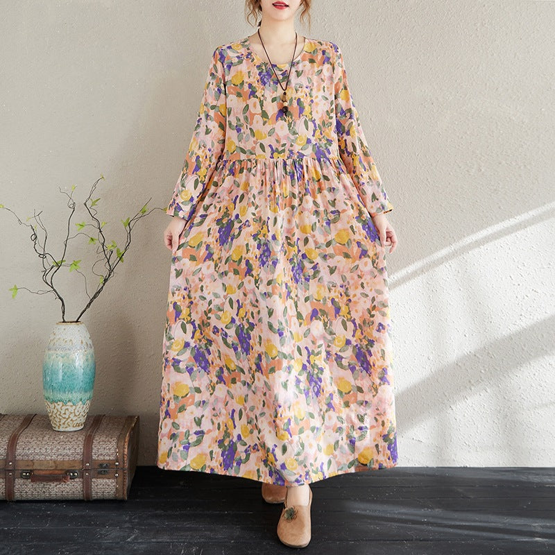 2025 Early Spring New Holiday Style Travel Long Dress Women's Round Neck Long Sleeve Retro Mask Printed Cotton and Linen dress