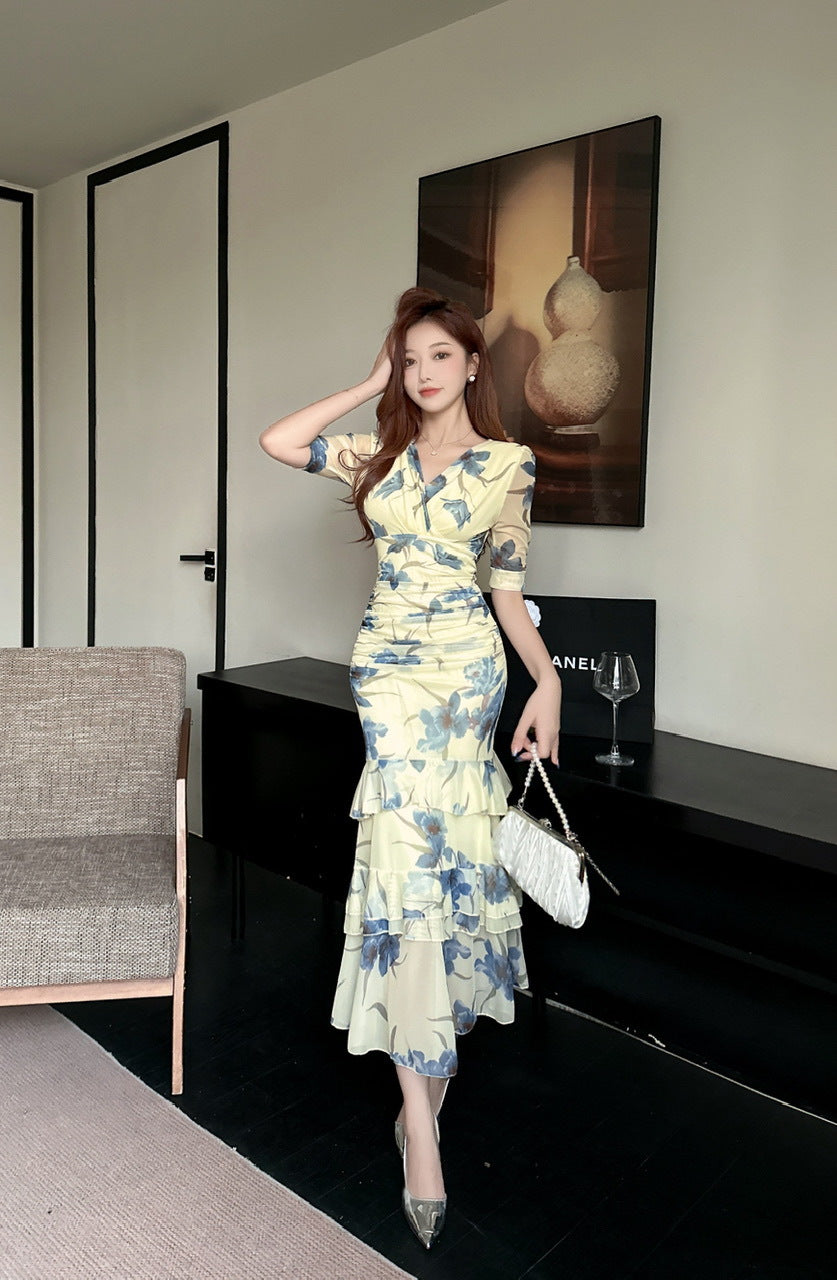 2456 Summer Southeast Asia Cross-Border Foreign Trade Japanese and Korean Style Sexy Women's V-Neck Short-Sleeve Mesh Printed Slimming Long Dress