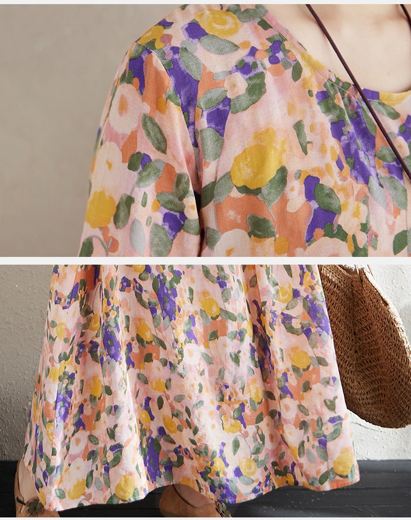 2025 Early Spring New Holiday Style Travel Long Dress Women's Round Neck Long Sleeve Retro Mask Printed Cotton and Linen dress
