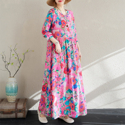 2025 Early Spring New Holiday Style Travel Long Dress Women's Round Neck Long Sleeve Retro Mask Printed Cotton and Linen dress