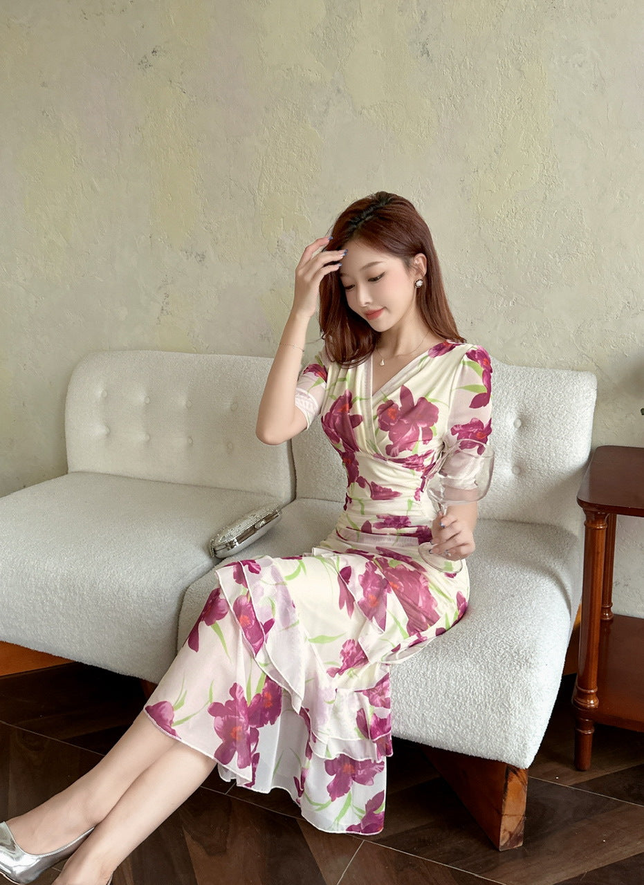2456 Summer Southeast Asia Cross-Border Foreign Trade Japanese and Korean Style Sexy Women's V-Neck Short-Sleeve Mesh Printed Slimming Long Dress