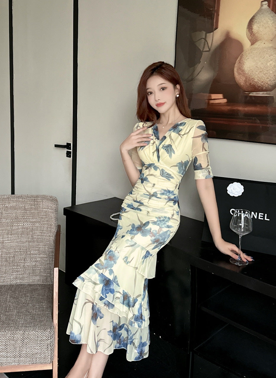 2456 Summer Southeast Asia Cross-Border Foreign Trade Japanese and Korean Style Sexy Women's V-Neck Short-Sleeve Mesh Printed Slimming Long Dress