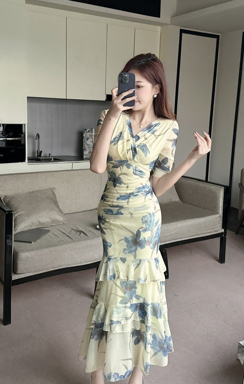 2456 Summer Southeast Asia Cross-Border Foreign Trade Japanese and Korean Style Sexy Women's V-Neck Short-Sleeve Mesh Printed Slimming Long Dress