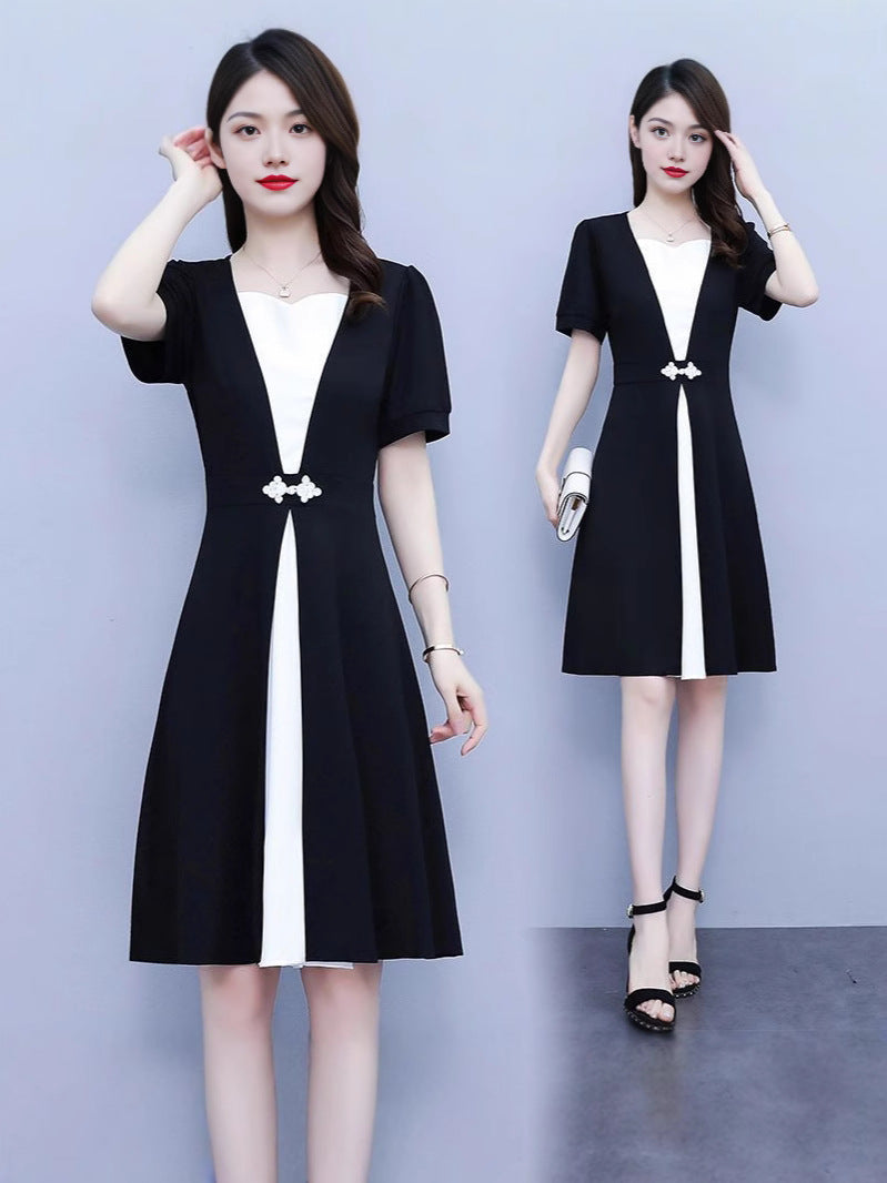 Fashion high-end summer chubby girl temperament stitching dress plus size women's belly-covering slimming temperament skirt