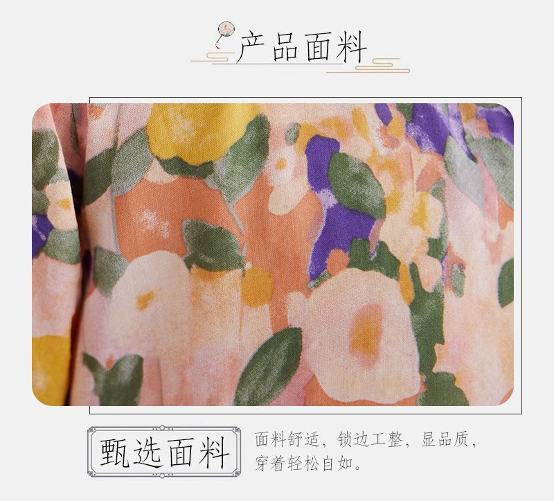 2025 Early Spring New Holiday Style Travel Long Dress Women's Round Neck Long Sleeve Retro Mask Printed Cotton and Linen dress