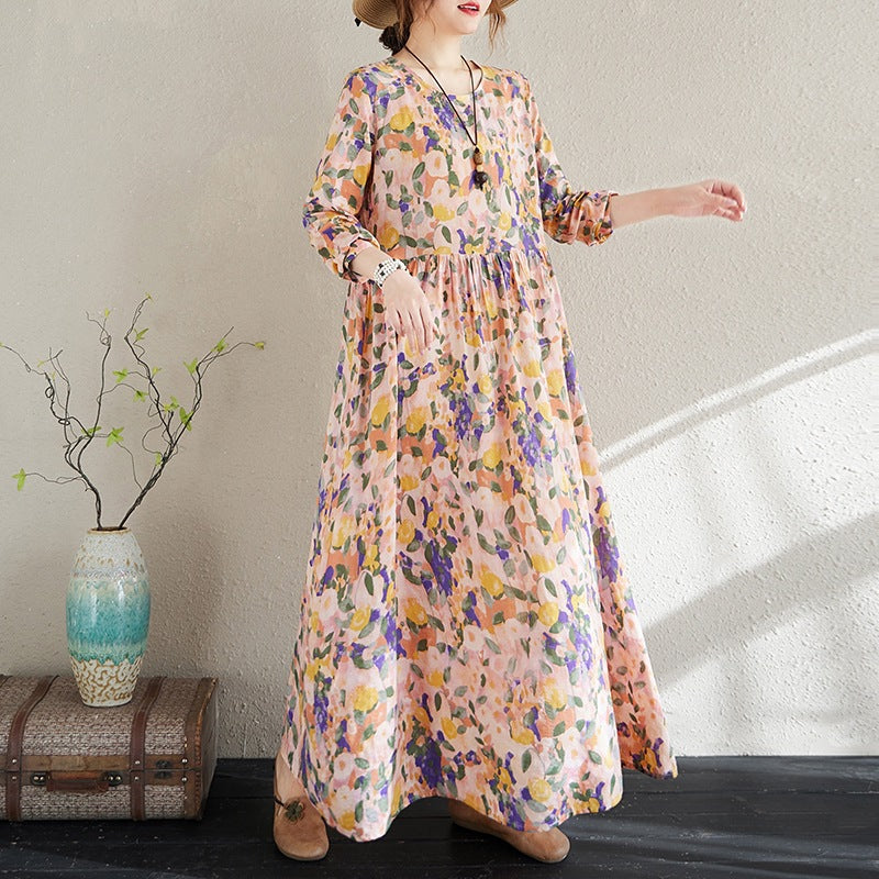 2025 Early Spring New Holiday Style Travel Long Dress Women's Round Neck Long Sleeve Retro Mask Printed Cotton and Linen dress