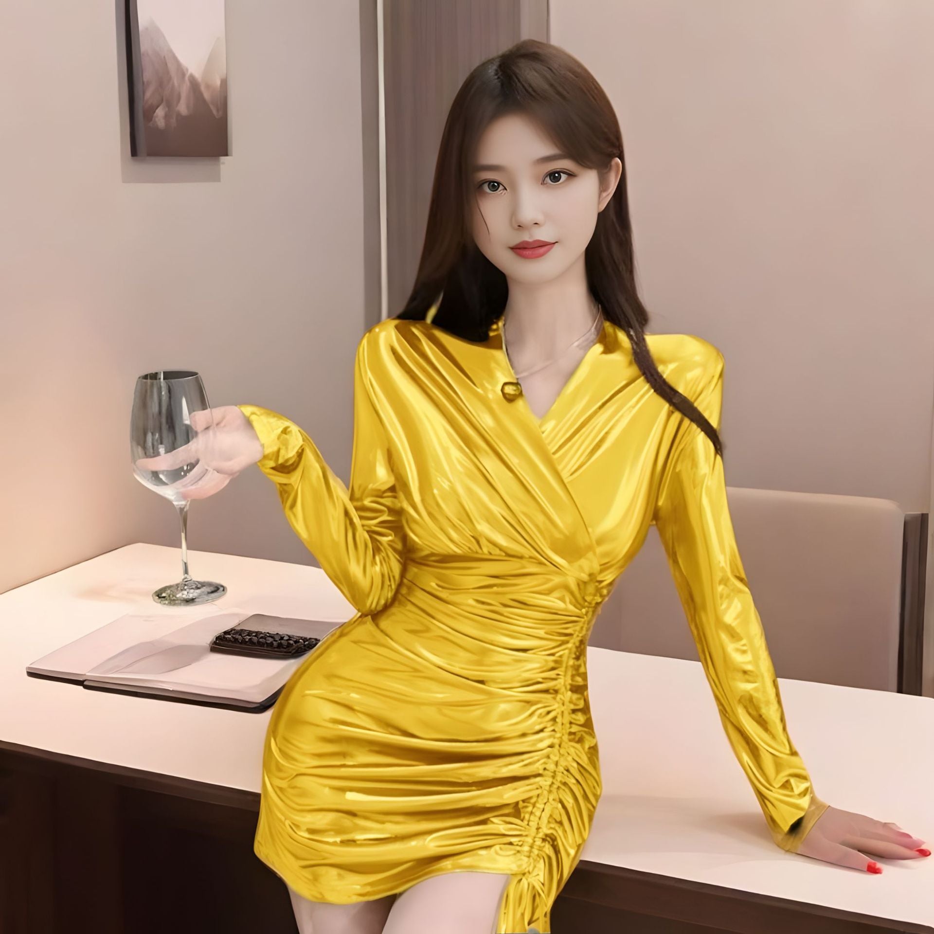 Temperament pure hot girl design gilding design new sexy V-neck irregular drawstring dress 807