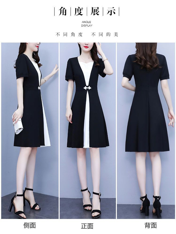 Fashion high-end summer chubby girl temperament stitching dress plus size women's belly-covering slimming temperament skirt